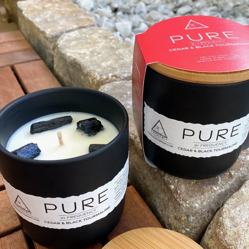 Cedar essential oil with black tourmaline crystals candle