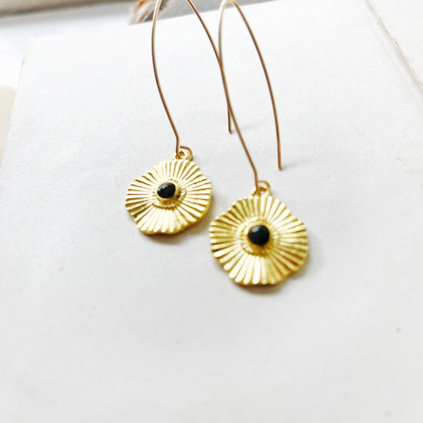obsidian earrings sunburst gold plated