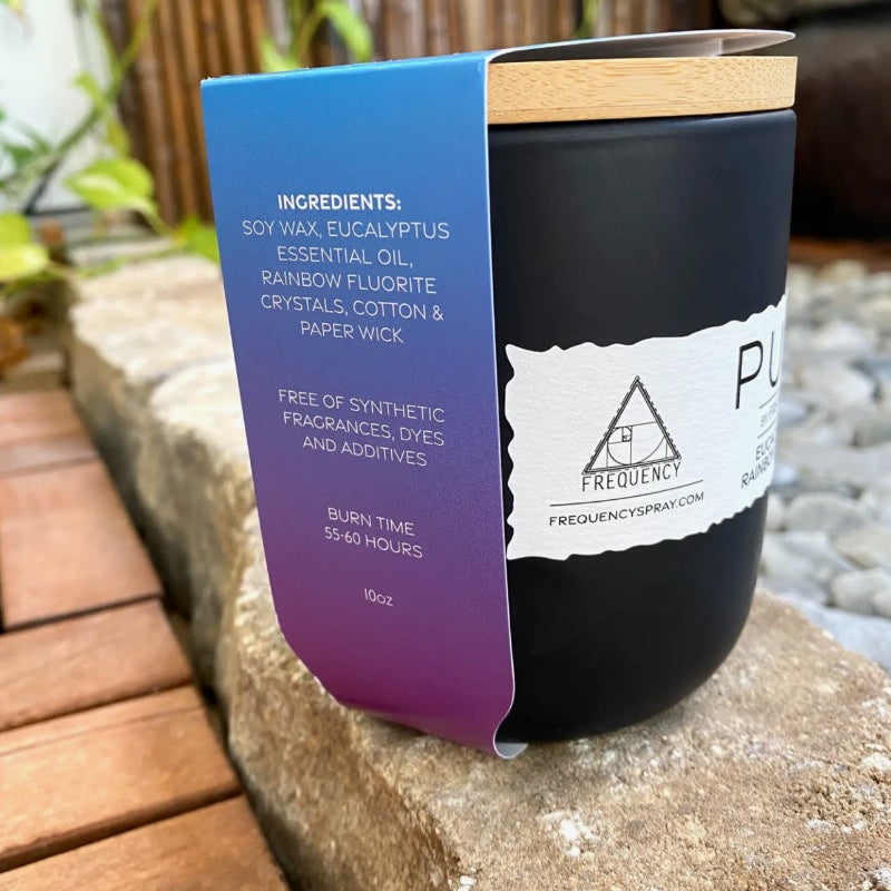 Label Eucalyptus oil candle with rainbow fluorite crystals label