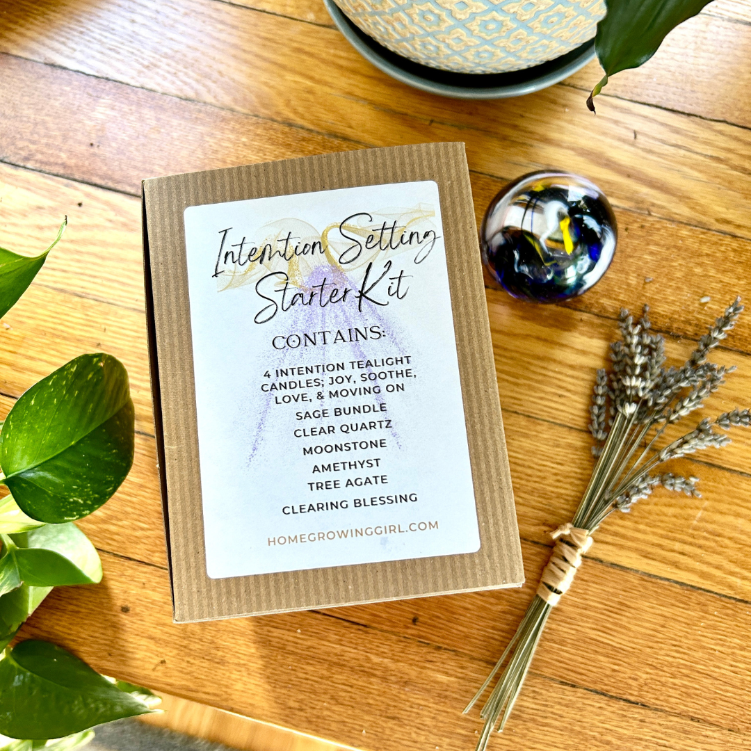 Intention setting kit includes tea candles, crystals and sage