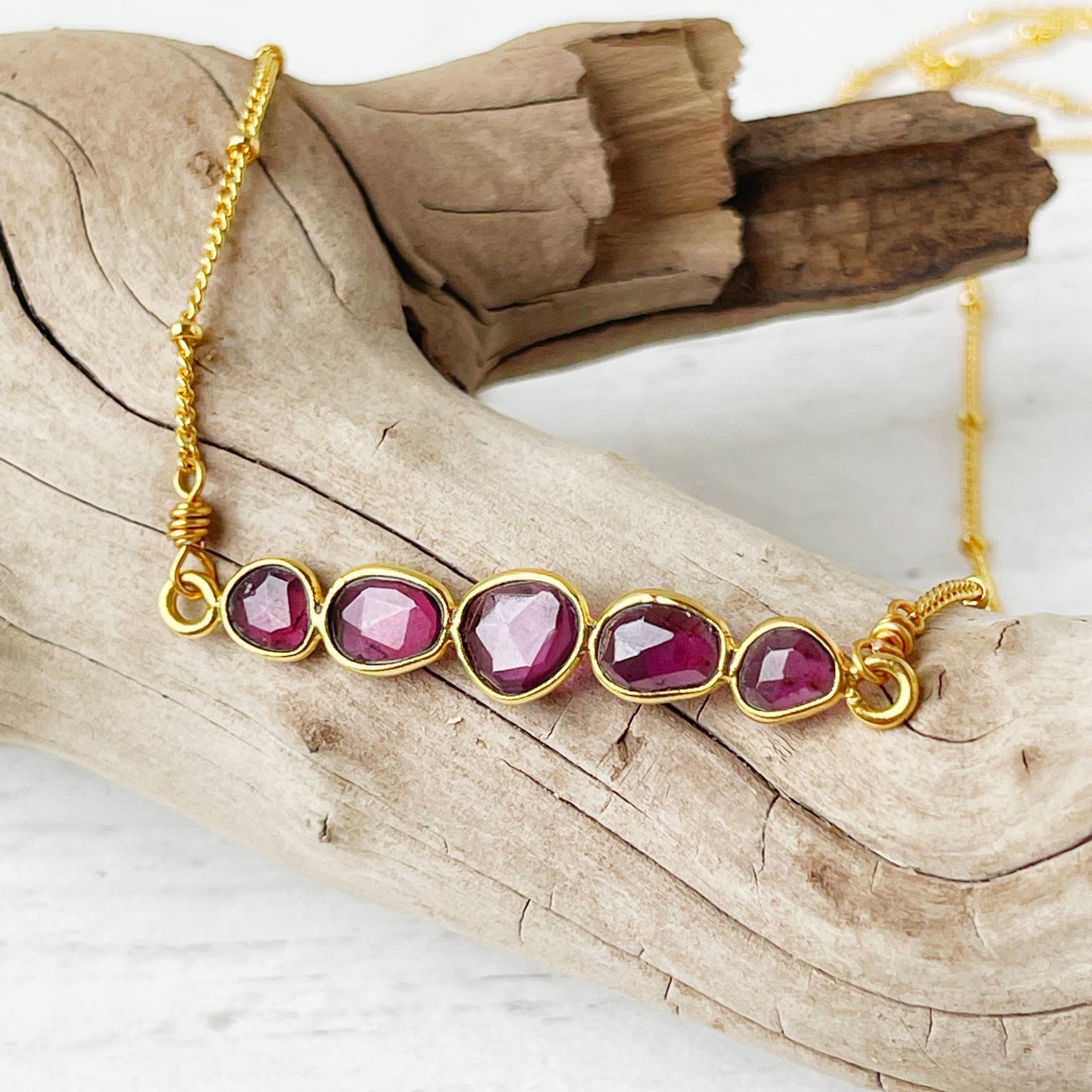 Rhodolite gemstone necklace gold plated bar necklace