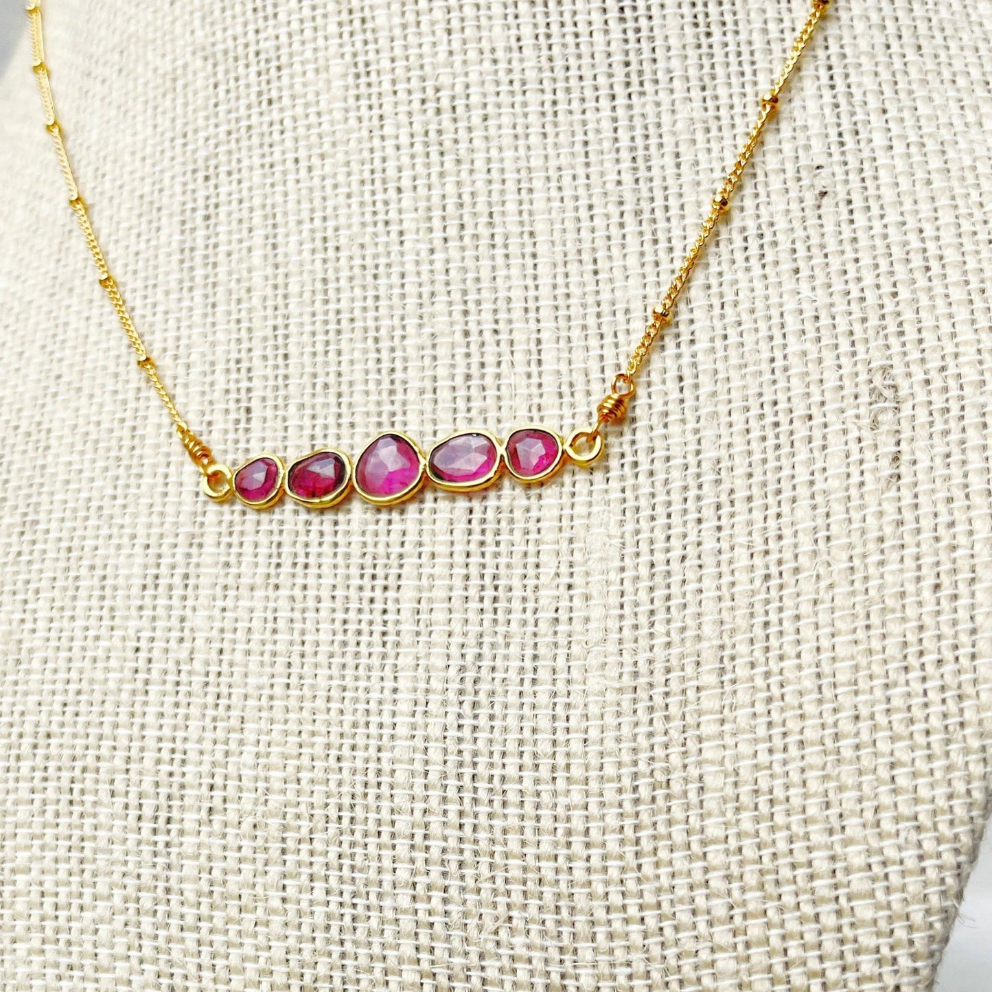 Bar necklace made with Rhodolite gemstones gold plated