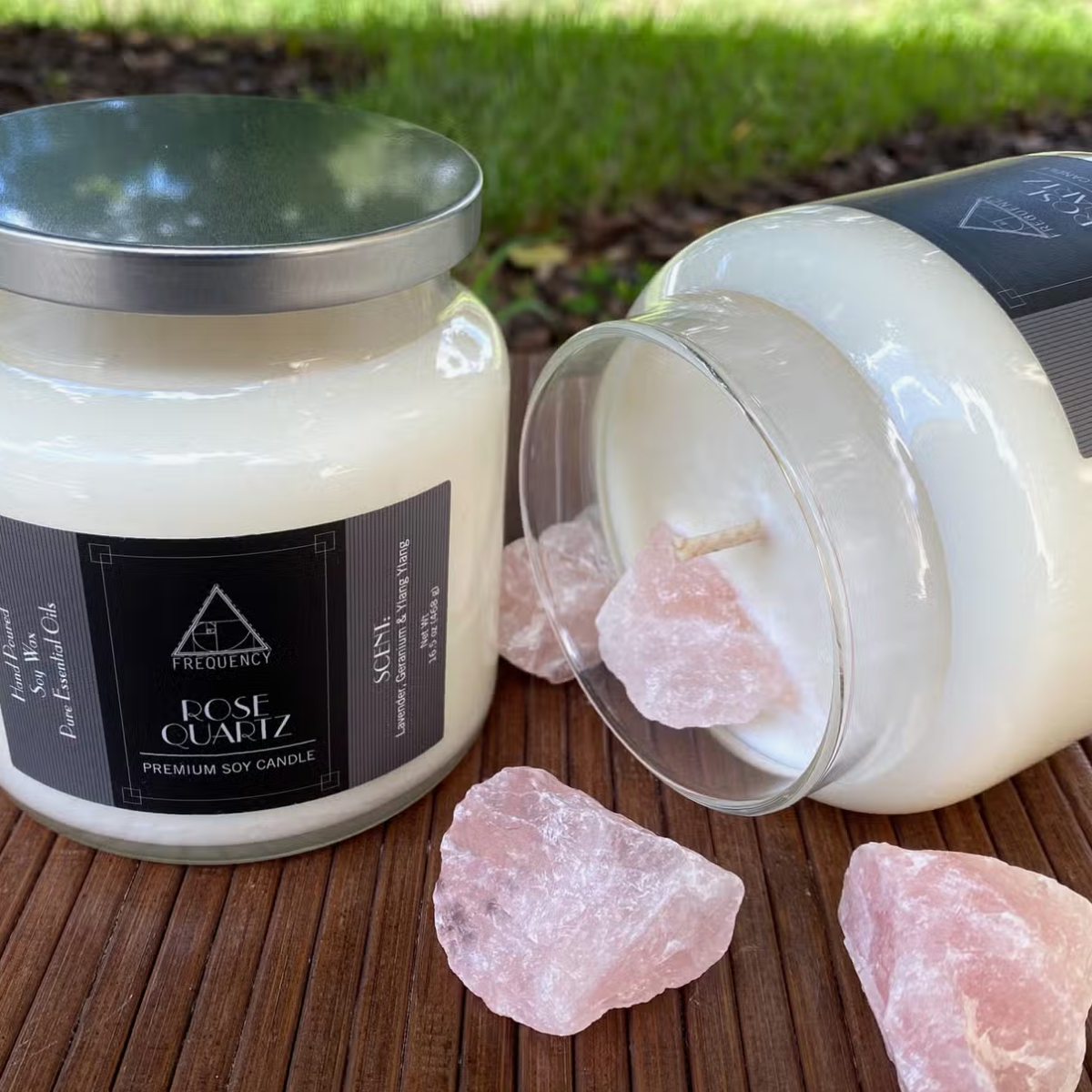 ROSE QUARTZ LAVENER GERANIUM AND YLANG YLANG ESSENTIAL OIL CANDLE