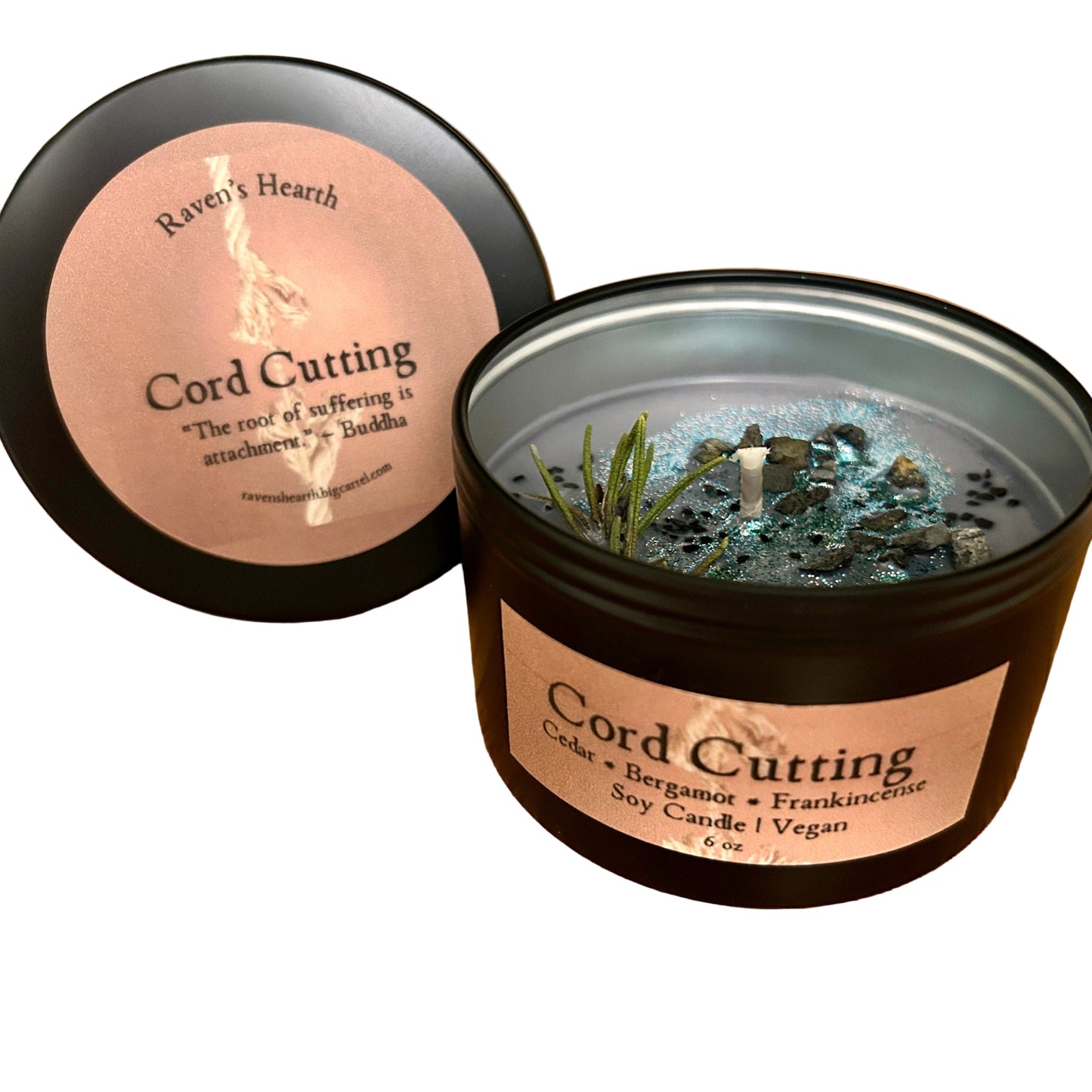 Candle jar labeled 'Cord Cutting' with decorative elements on a white background