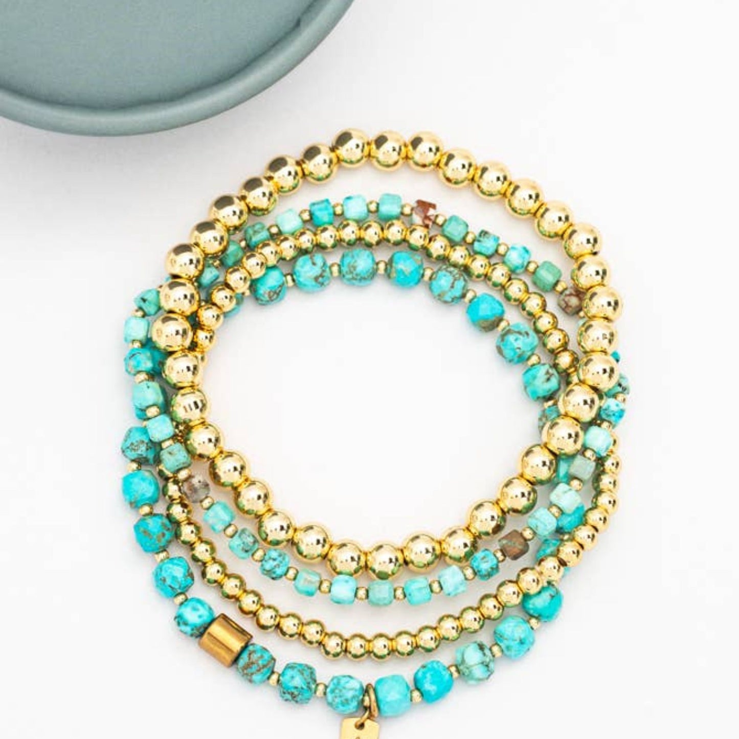 gold and turquoise beaded stretch bracelet