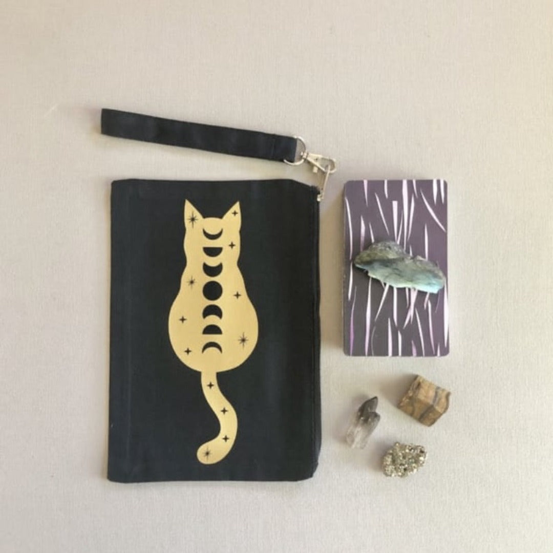 Cosmic Cat Black cotton wristlet with gold design for tarot cards and crystals