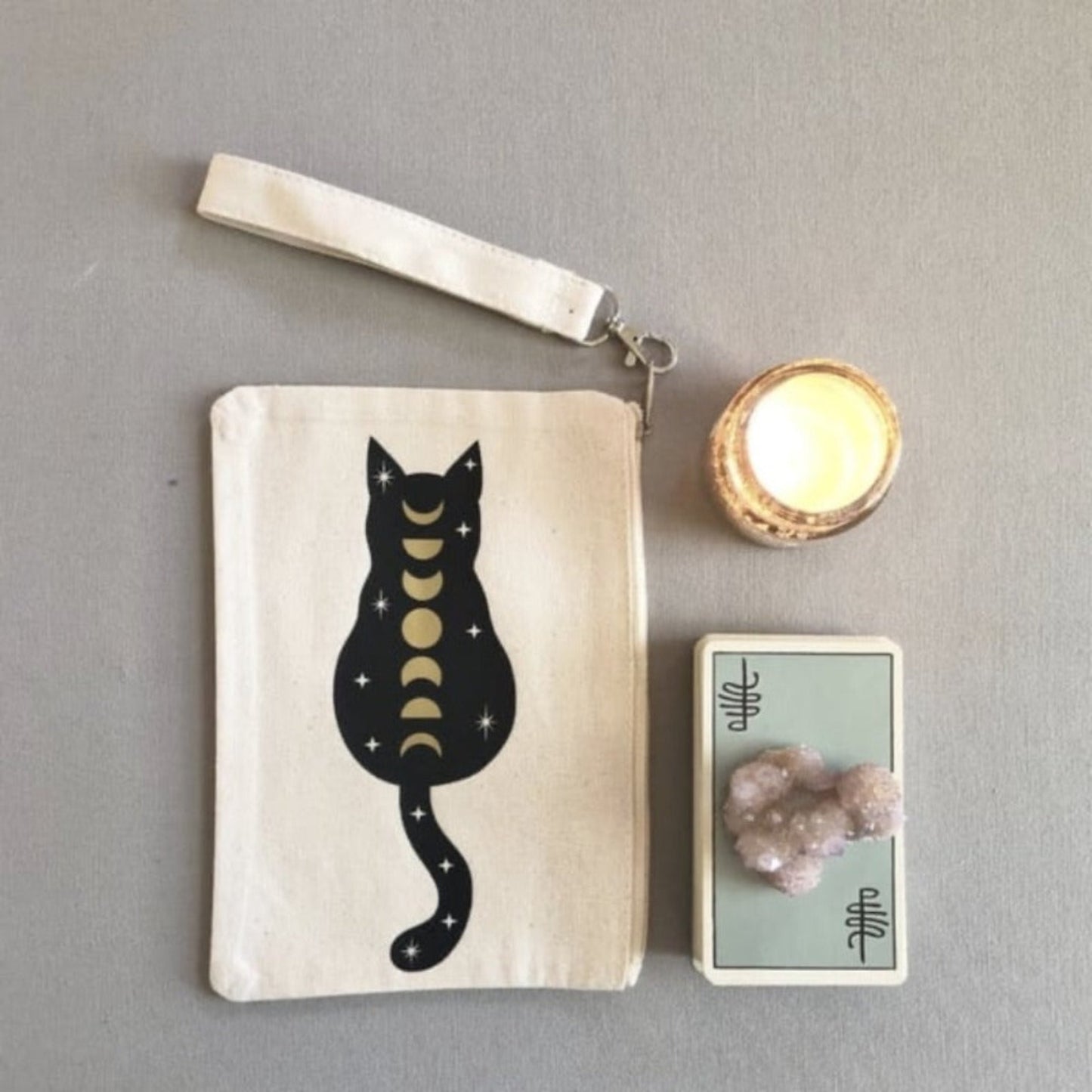 Cosmic Cat White cotton wristlet bag for tarot cards and crystals in white