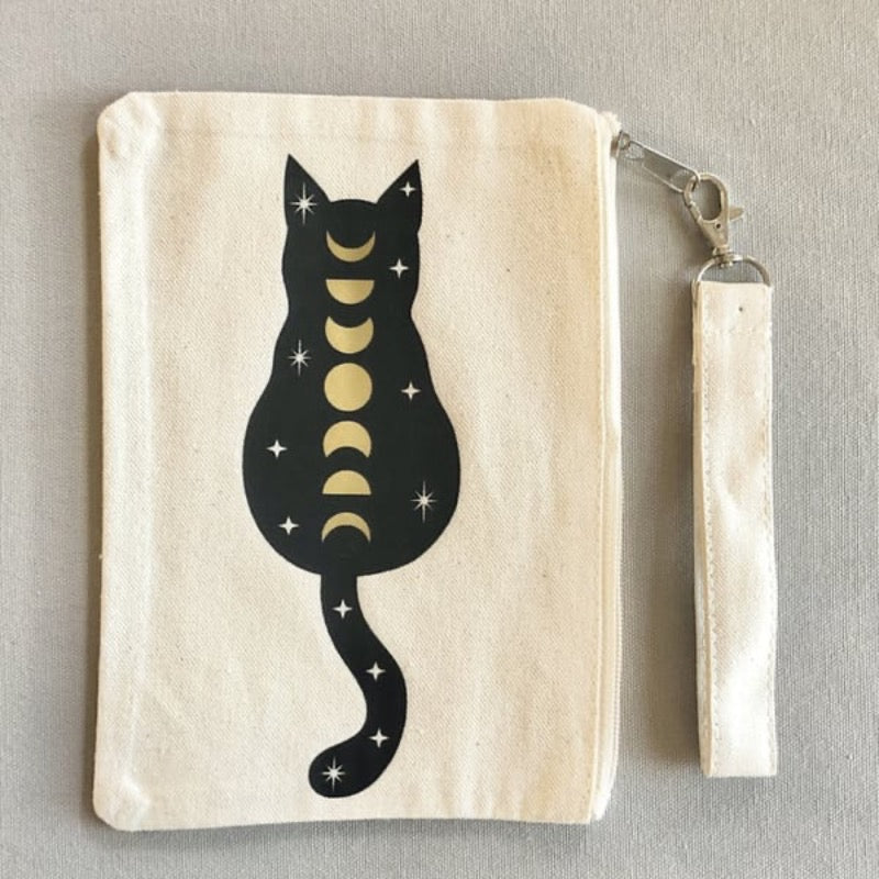 Printed Cosmic Cat Wristlet in white