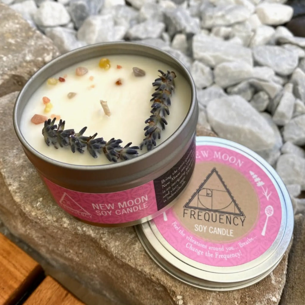 New Moon essential oil crystal topped candle