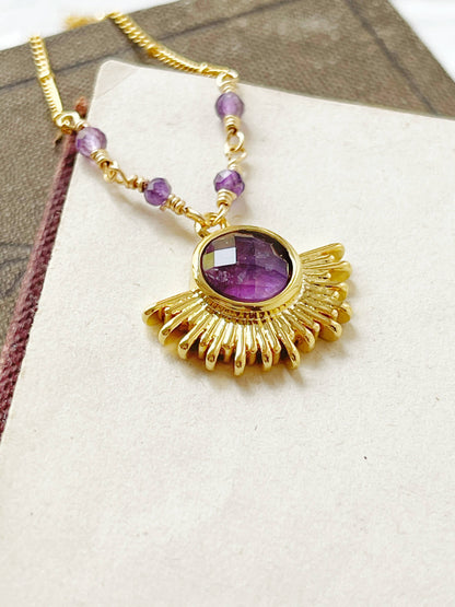 Necklace with Amethyst Stone in Gold Sunburst