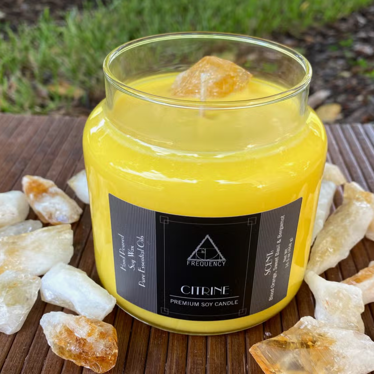 CITRINE WITH BLOOD ORANGE SWEET BASIL AND BERGAMOT ESSENTIAL OIL CANDLE