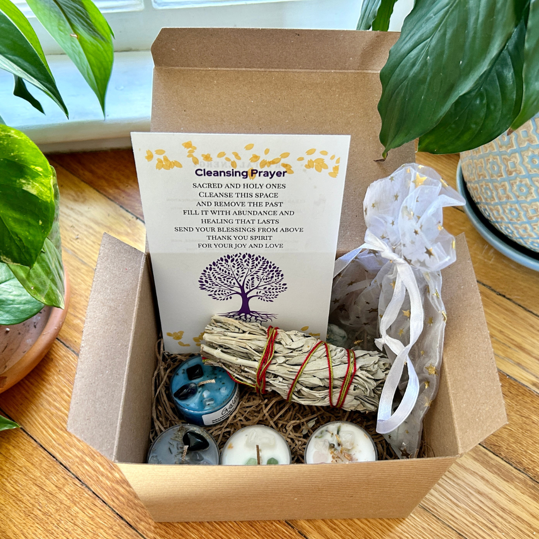 Inside intention setting kit box tea candles, sage, crystals, cleansing prayer