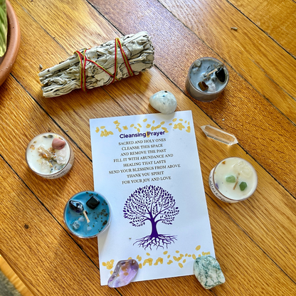 contents of intention setting kit tea candles cleansing prayer, sage moonstone, amethyst agate quartz