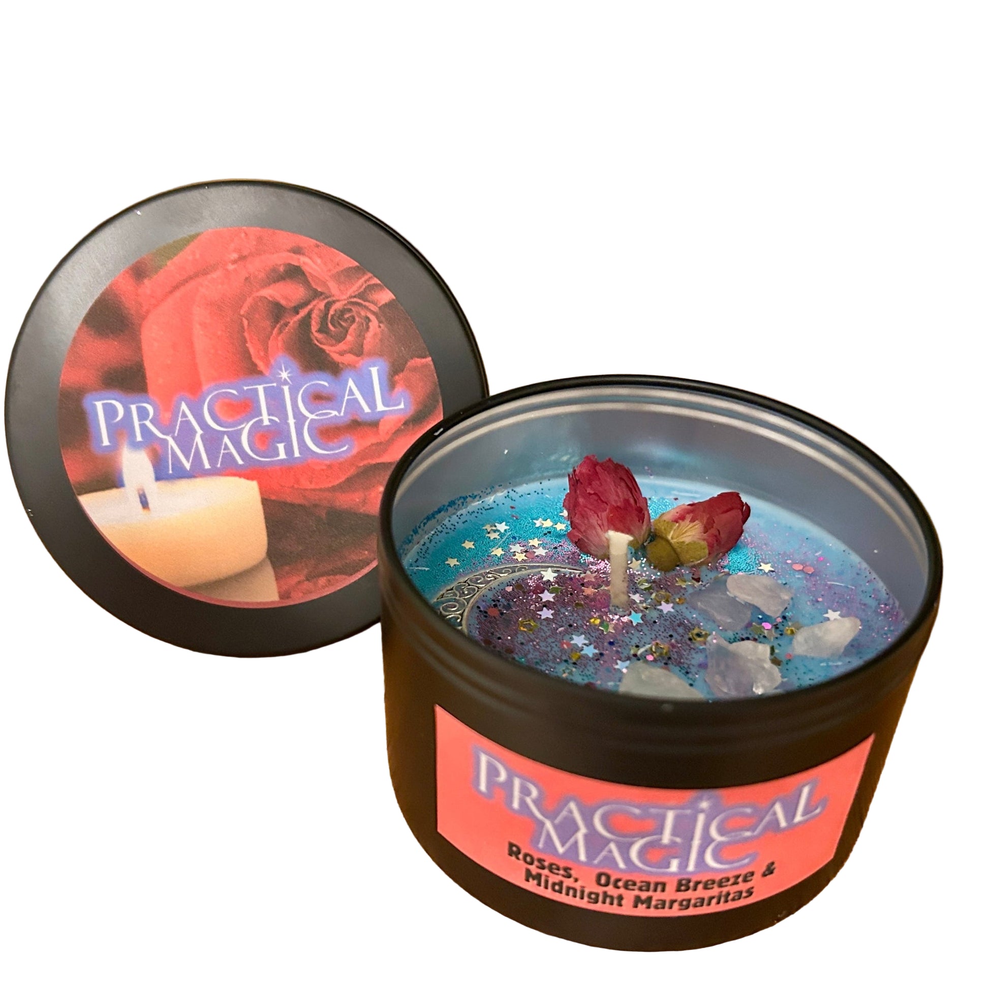 Candle in a tin with 'Practical Magic' movie themed branding 