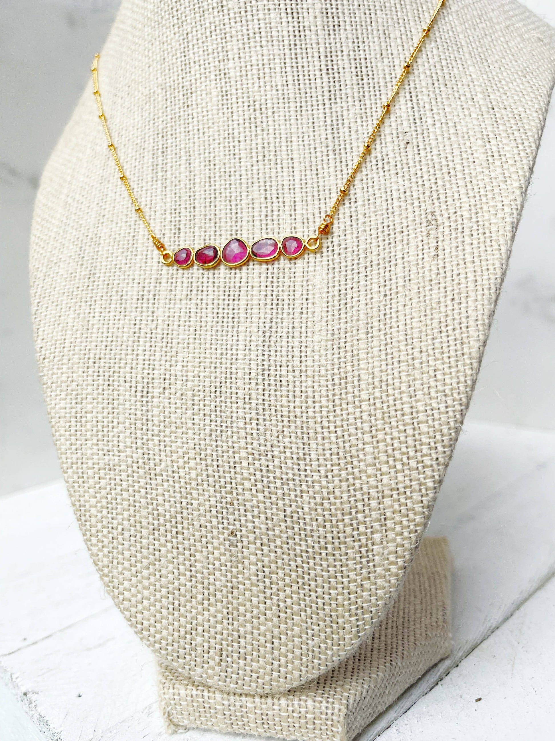 Bar necklace made with Rhodolite gemstones gold plated