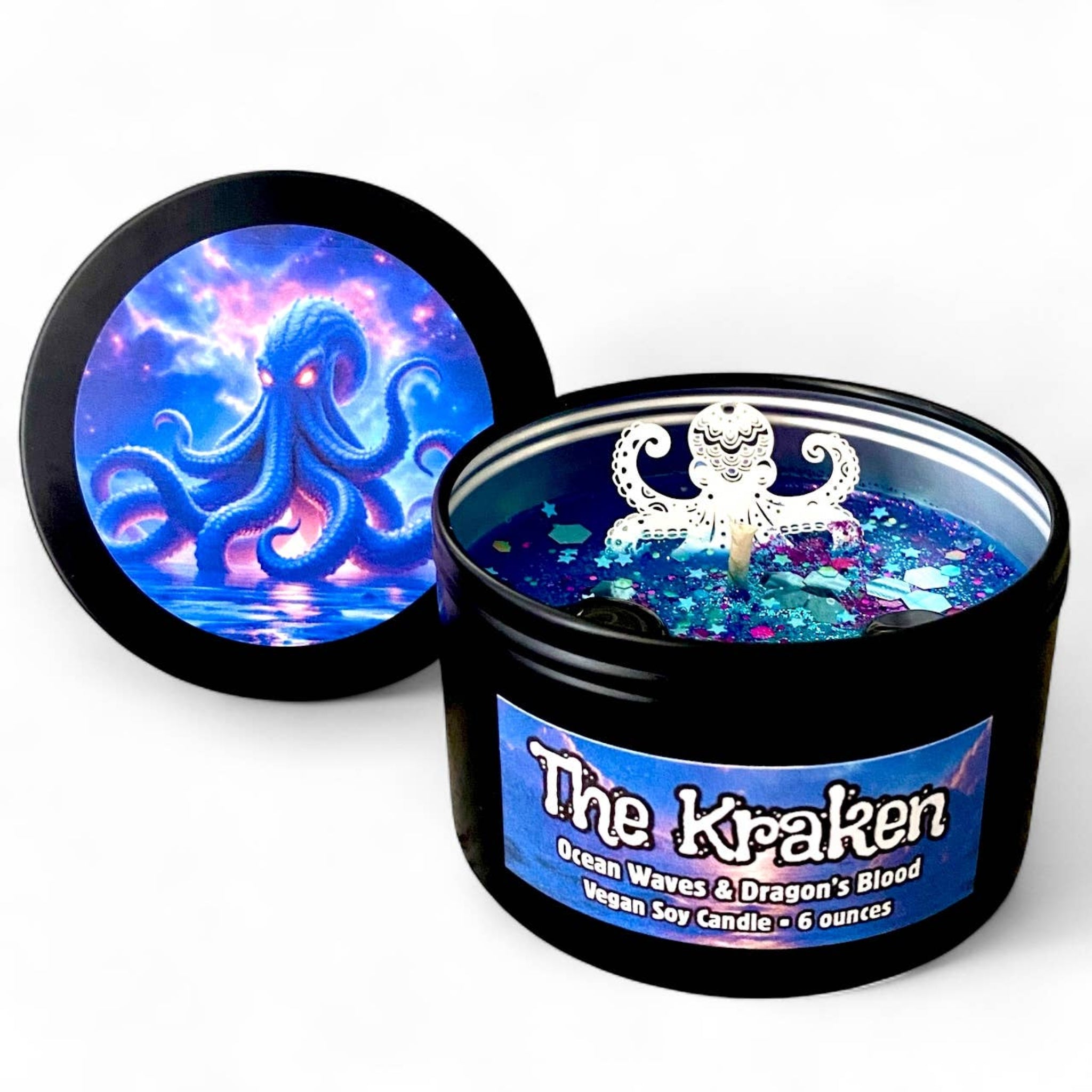 Vegan soy candle labeled 'The Kraken' with a colorful design on the lid.