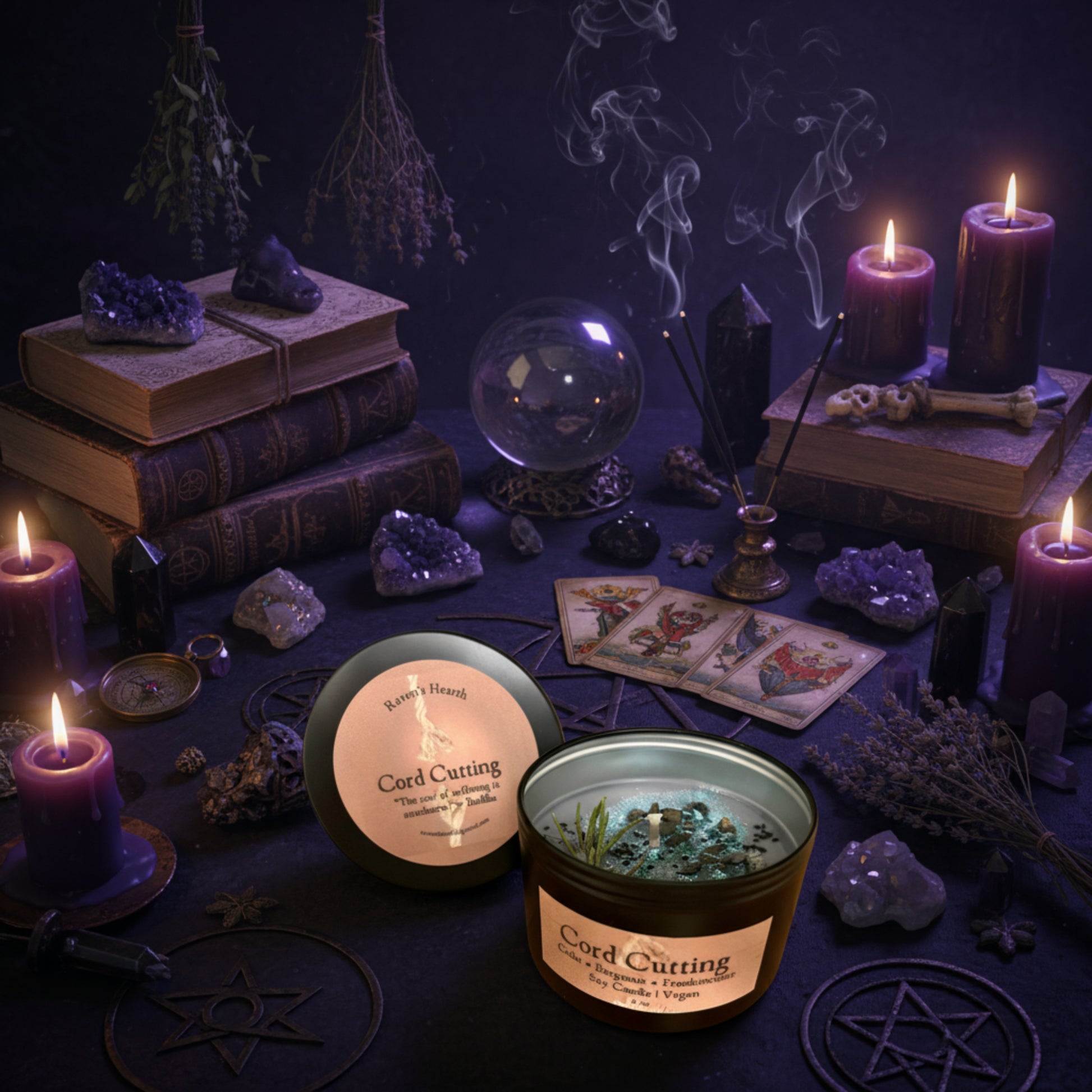 Candle labeled 'Cord Cutting' with rosemary on a wooden surface