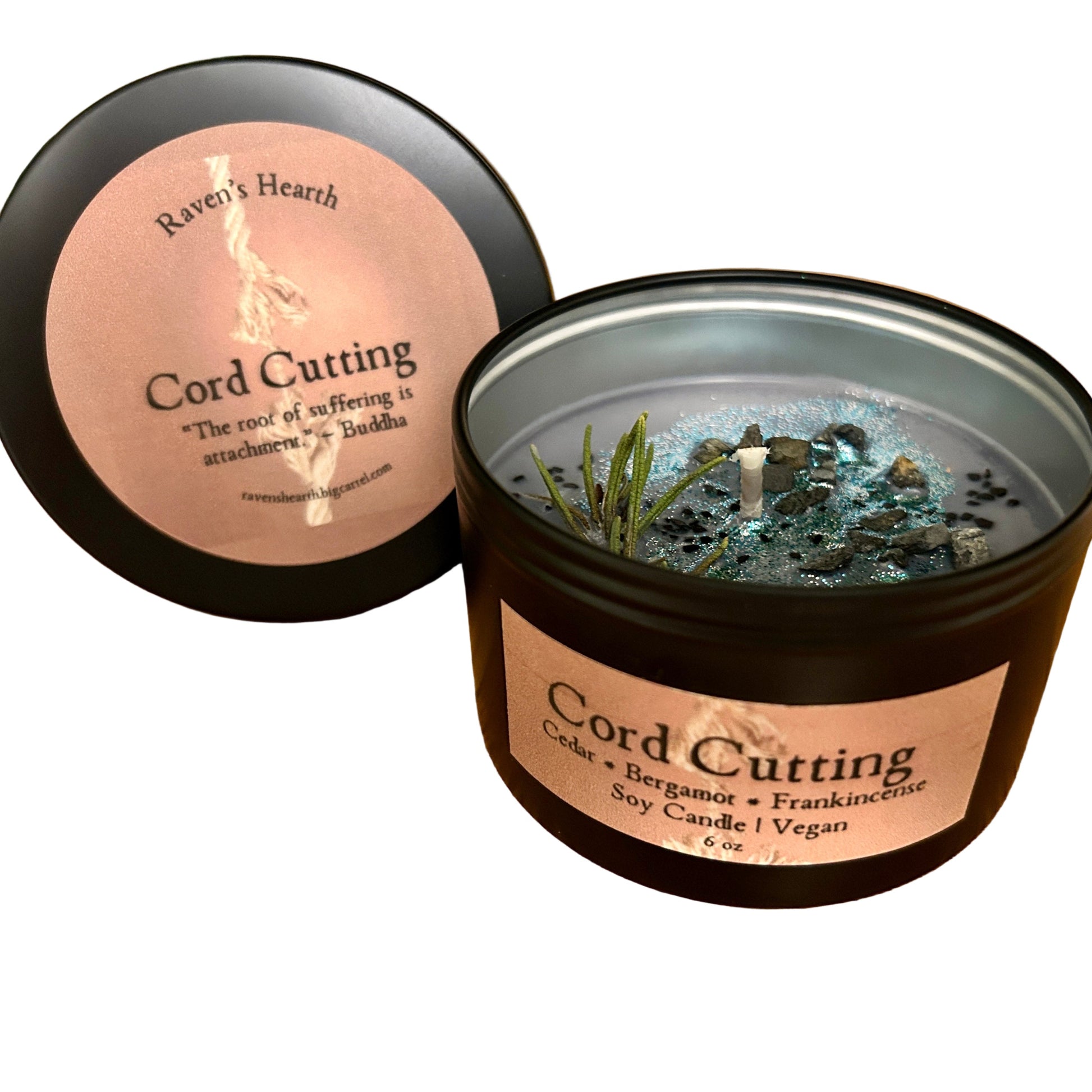 Candle jar labeled 'Cord Cutting' with decorative elements on a white background