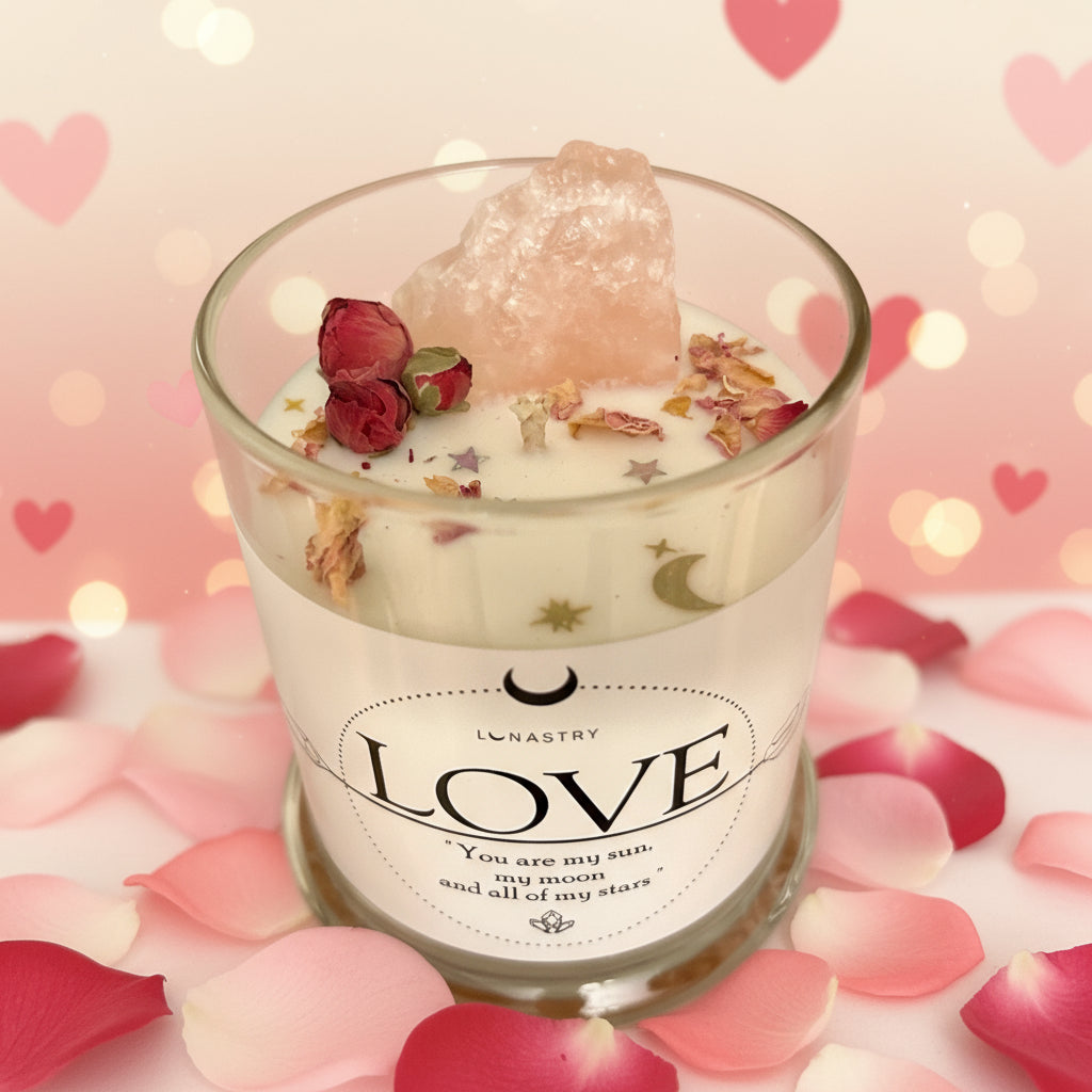 Candle in a glass jar with a crystal and flowers on top, labeled 'LOVE' 