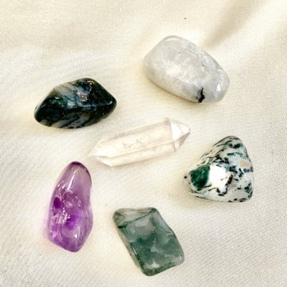 Healing Stones Amethyst, Clear Quartz, Moonstone, Moss Agate, Rhyolite, Tree Agate 