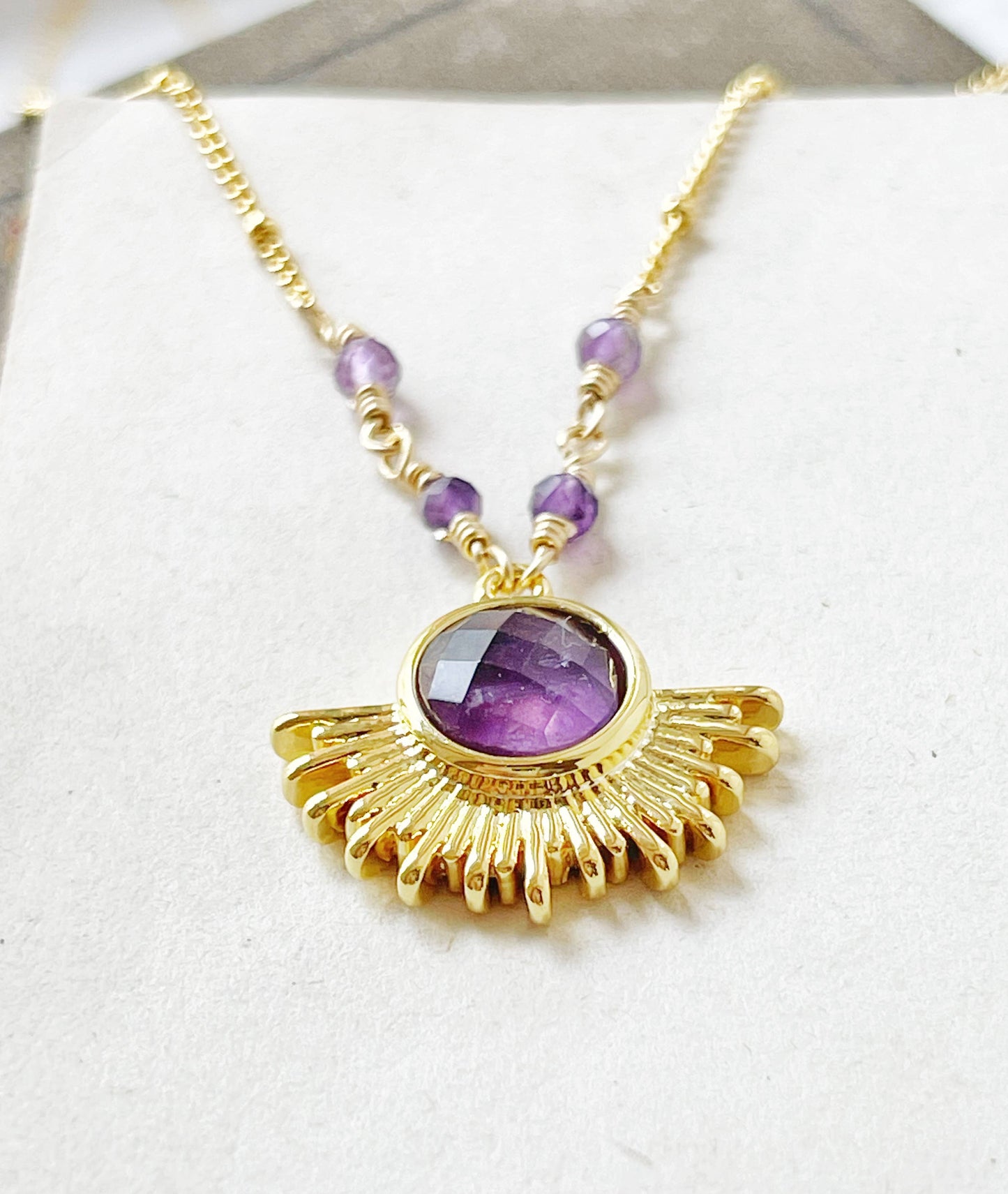 amethyst stone gold plated sun necklace