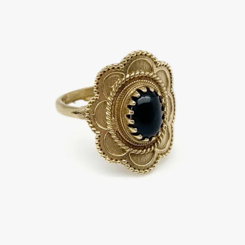 Anju adjustable black onyx gold tone brass ring