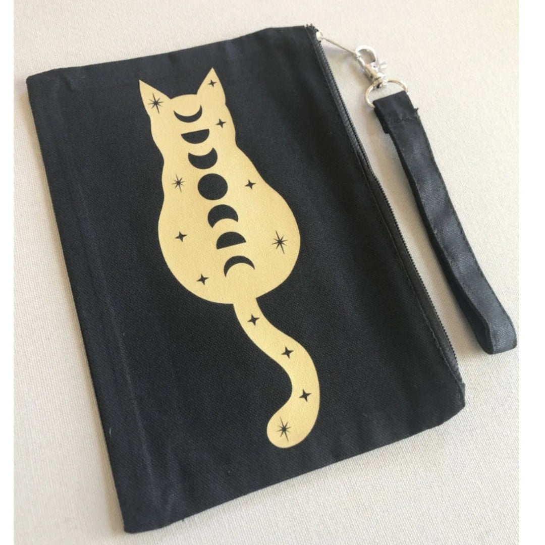 Black cotton canvas zipper pouch with cosmic cat design on front.