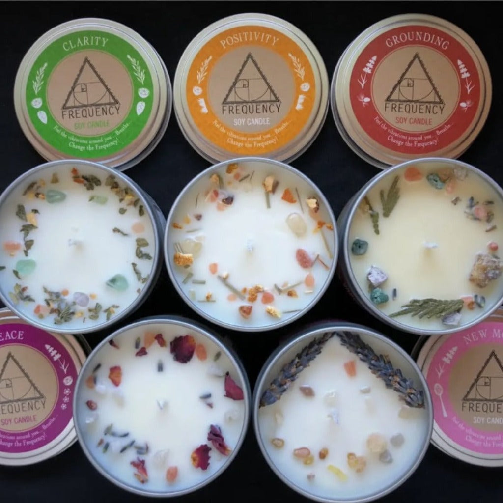 Frequency candle collection five candles Clarity Positivity grounding peace and new moon