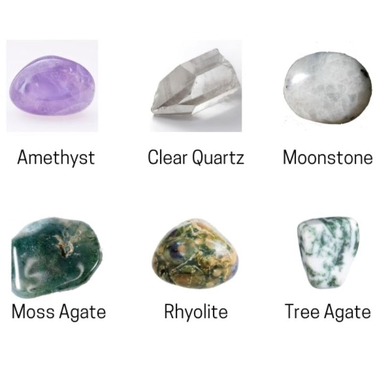 Healing Stones Amethyst, clear quartz, Moonstone, Moss Agate, Rhyolite and Tree Agate