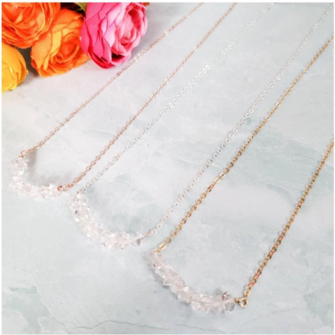 Herkimer Diamond bar necklaces with rose gold or silver chains
