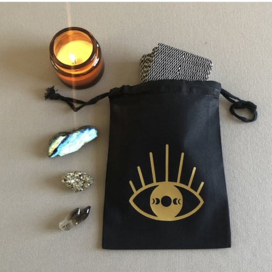 Black drawstring bag for tarot cards and crystals