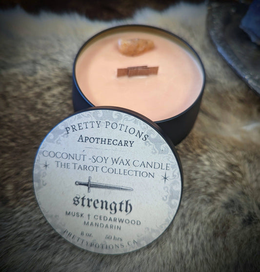 Strength tarot card candle with cedarwood and manadrin scent