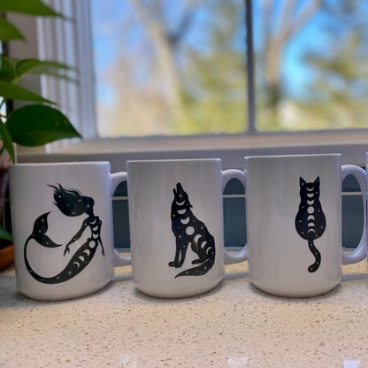 Cosmic coffee mugs mermaid wolf and cat